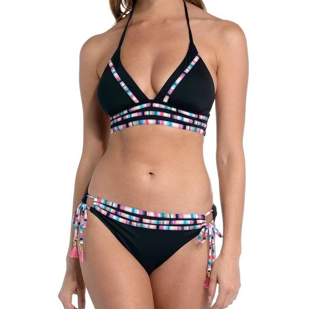 La Blanca Navy Halter Bikini with Multicolor Stripe Trim